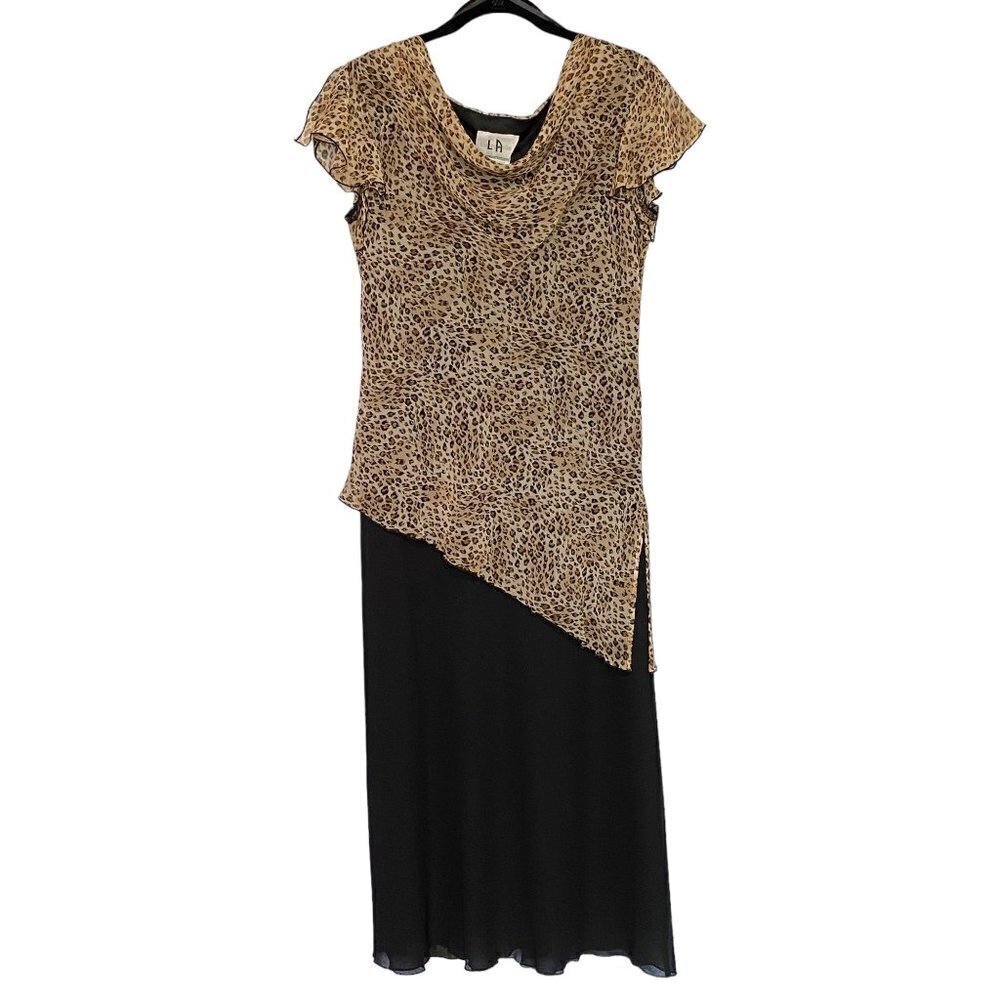 New LA Gal Black & Animal Print‎ Flutter Short Sleeve Maxi Dress Women's Size 8